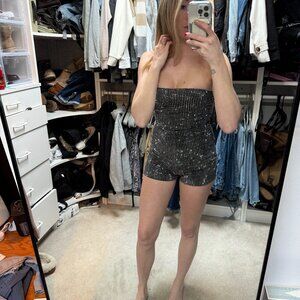 Windsor Strapless Sequined Romper Silver NWT